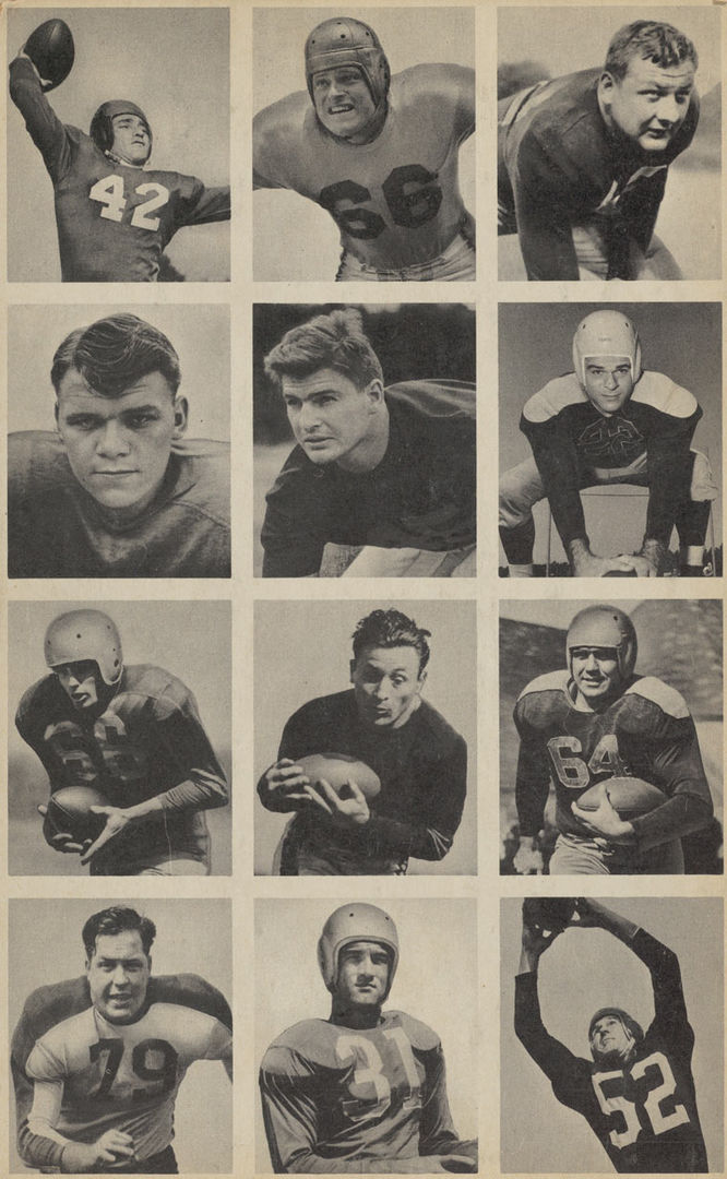 Sheet of 12 football cards from the Bowman Gum series produced in 1948