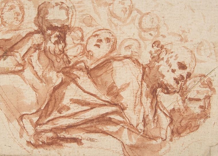 a red chalk sketch of multiple classical figures on aged paper.