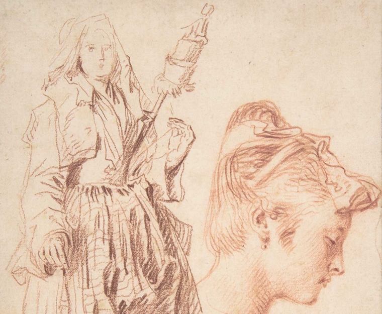 a sketch in red chalk of a woman in robes holding a staff beside a sketch of an elegant-looking woman's face in profile.