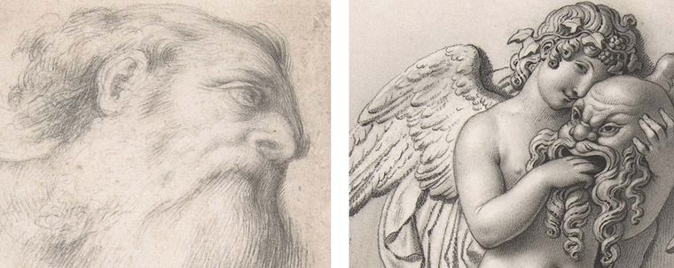 Left: a detailed sketch of a man's head looking upward, with long hair and a long beard. Right: sketch of a  smiling, nude winged angel resting its head on the disembodied head of a grotesque architectural figure in the shape of a bearded man's.