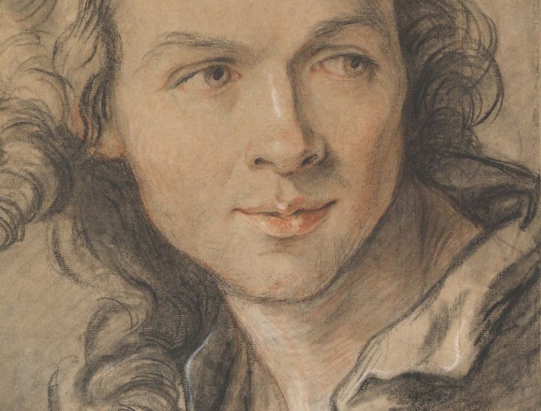A chalk drawing of a long-haired young man's face glancing curious to his left.