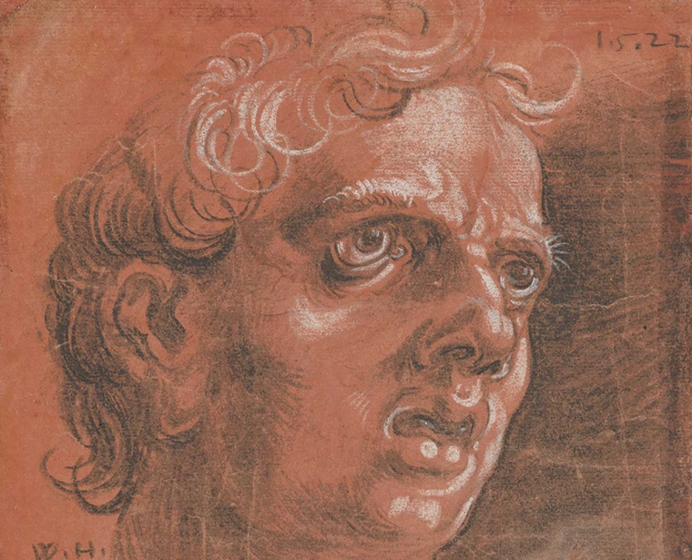 A red, white, and black chalk drawing of a curly-haired man with a fearful look on his face, looking out into the distance.