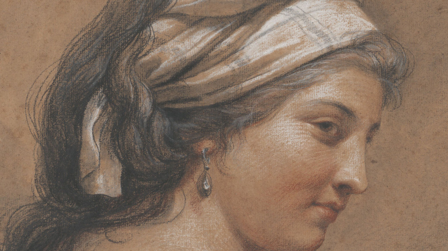 A detail profile of a woman's face rendered in white, black, and red chalk.