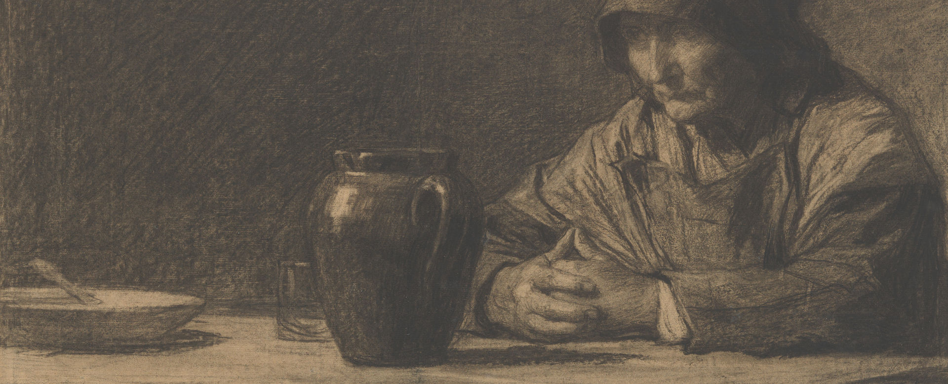 A charcoal drawing of a cloaked elderly figure seated at a table with a vase on it.