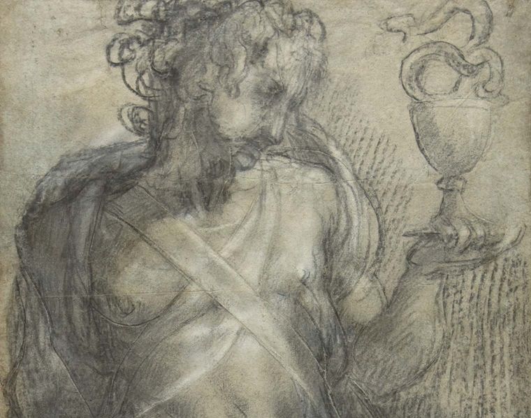 A close detail of a wrinkled charcoal sketch of a bare-chested, curly-haired man looking at the ancient urn in his left hand.