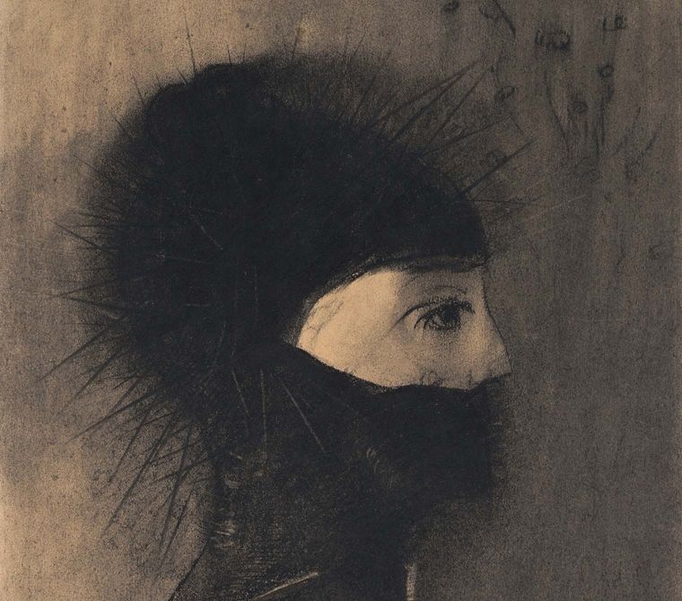 A nightmarish charcoal drawing of a human face in profile, with a skin-tight, black mask covered in spikes covering every part of the head except the eyes and nose.