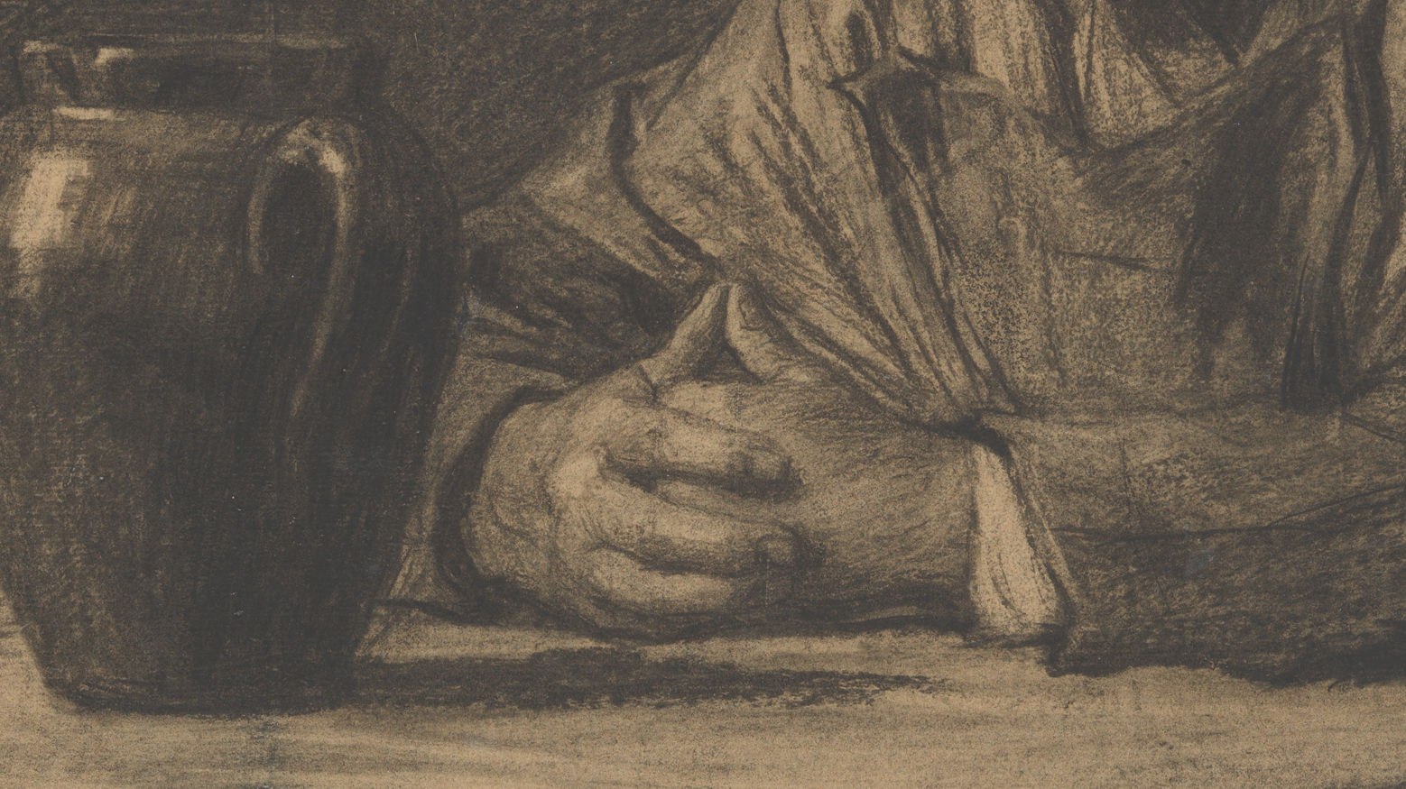 A charcoal drawing of a cloaked elderly figure seated at a table with a vase on it.