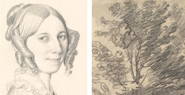 Left: a pencil sketch of a bonneted woman's head. Right: a pencil sketch of a wild grove of trees on textured paper.