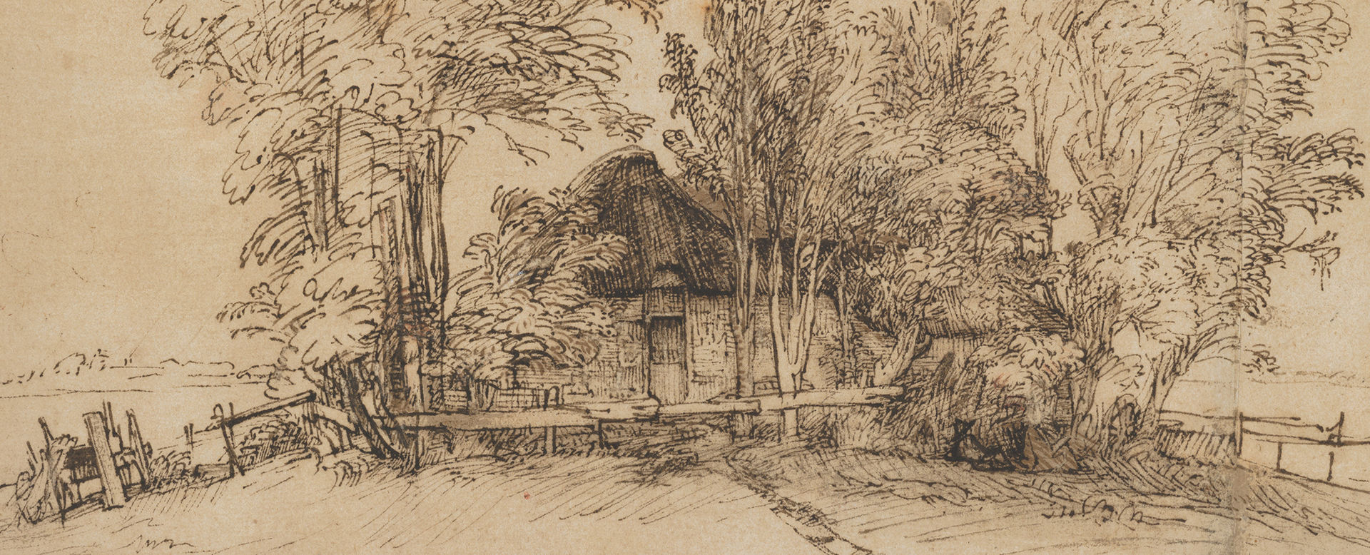 A frenetic, detailed line drawing of a thatched-roof cottage surrounded by trees and farmland.