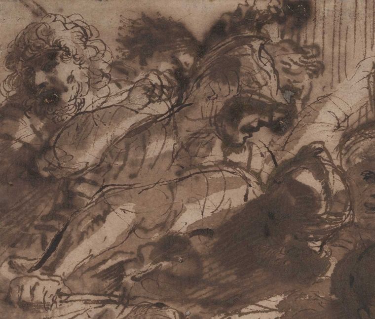A dark, violent impressionistic drawing of a crowd of men.