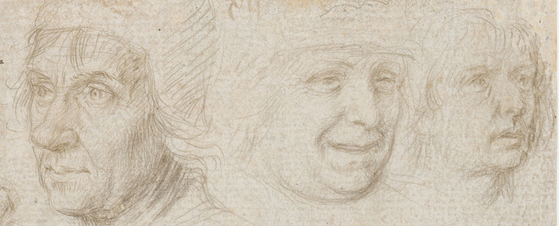 A detailed sketch of the faces of three men in Renaissance caps looking in different directions.