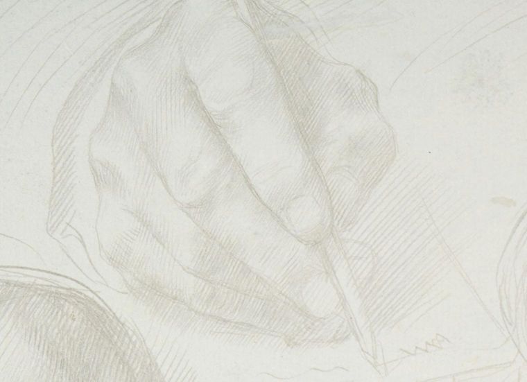 A faint, uncolored sketch of a hand holding a pencil and drawing.