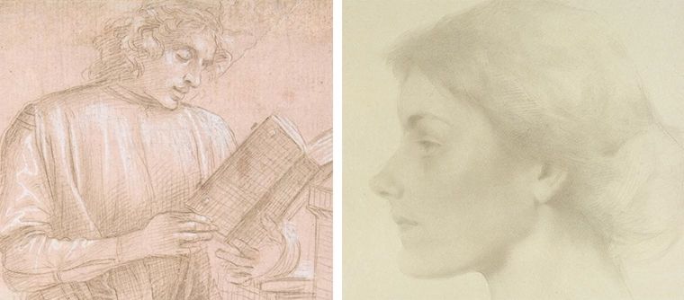 Left: a brown, white, and black rough sketch of a man reading a book. Right: a profile metalpoint sketch of a young woman's face in profile.
