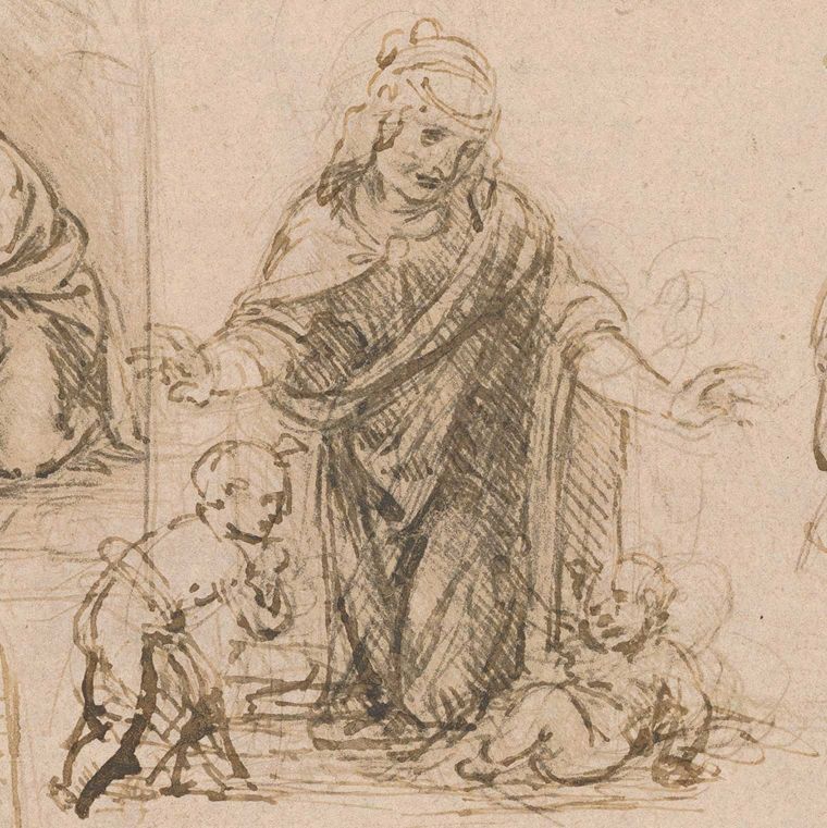 a metalpoint sketch of a woman in a robe with two babies at her feet on sepia paper.