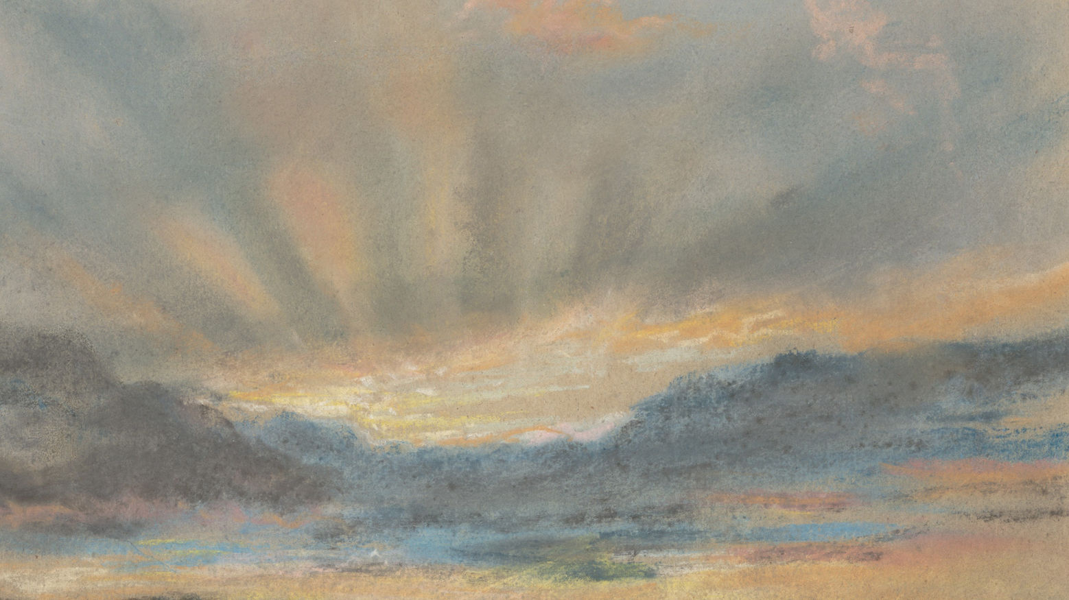 Detail from a colorful pastel drawing of a cloudy sunset.