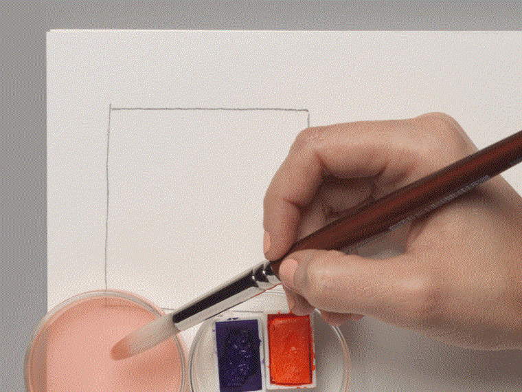 A moving image of large orange and purple watercolor marks being made on a spiral-ring notebook page.