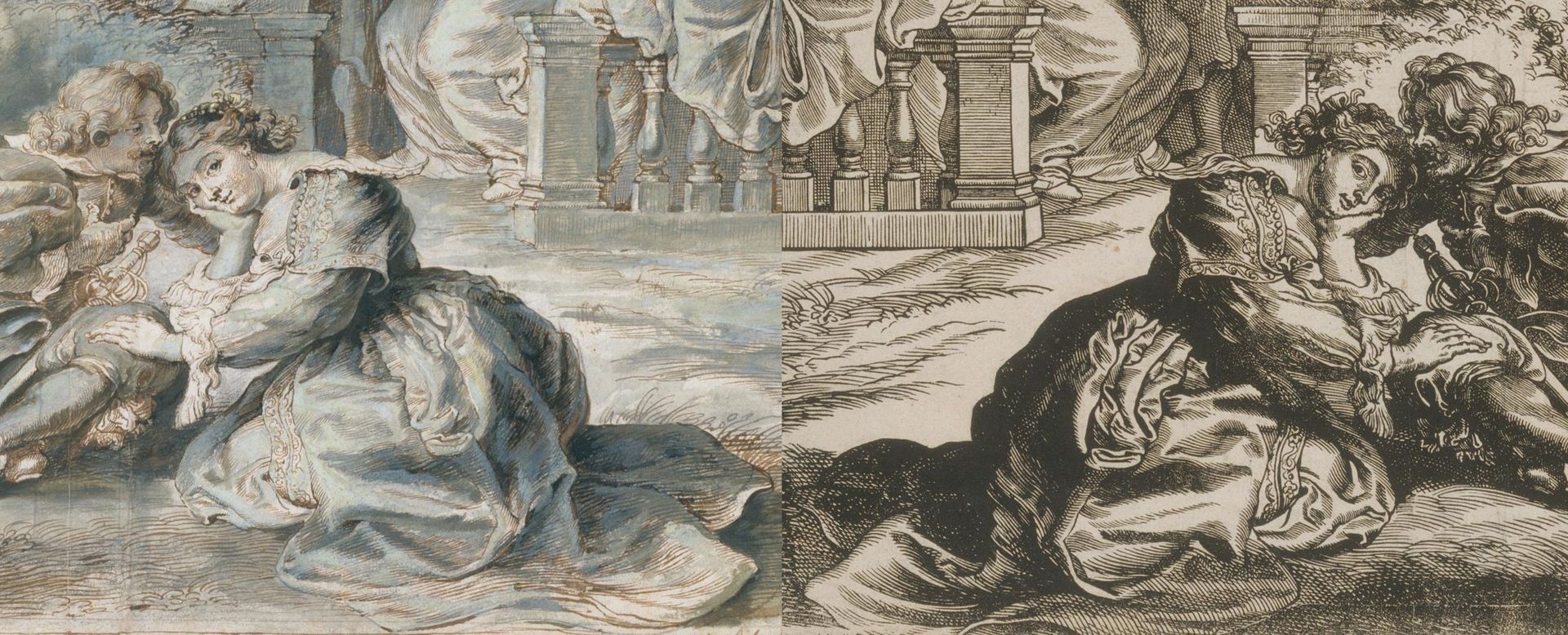 Composite image showing a drawing of two young lovers by Peter Paul Rubens (left) and a print of an identical image by the same artist (right)