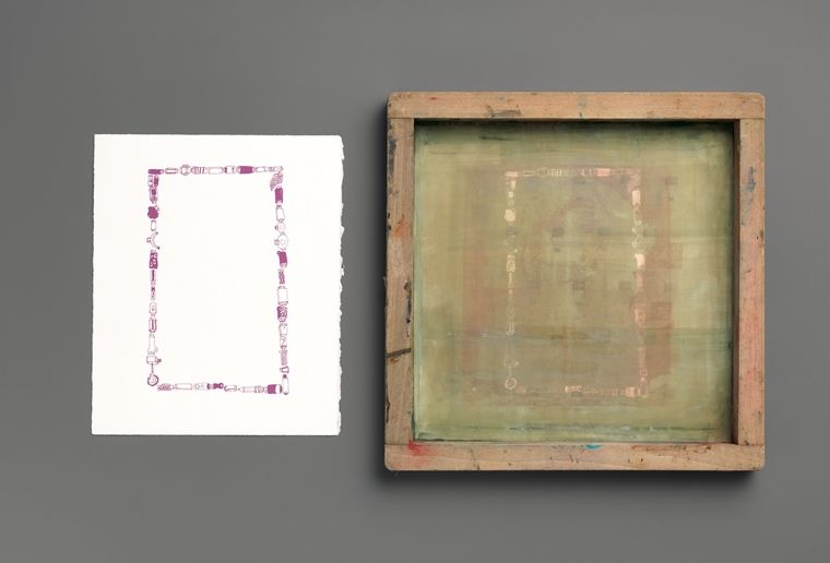 Photo of finished screenprint next to its screen template
