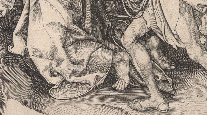 Detail view of an engraving by Martin Schongauer, showing two legs against a ground