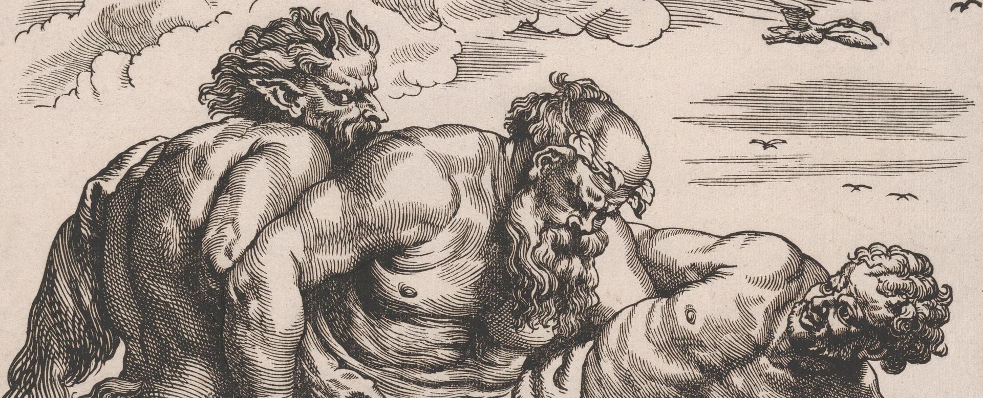 Detail view of three figures from the woodcut "The March of Silenus" by Christoffel Jegher (after Peter Paul Rubens)
