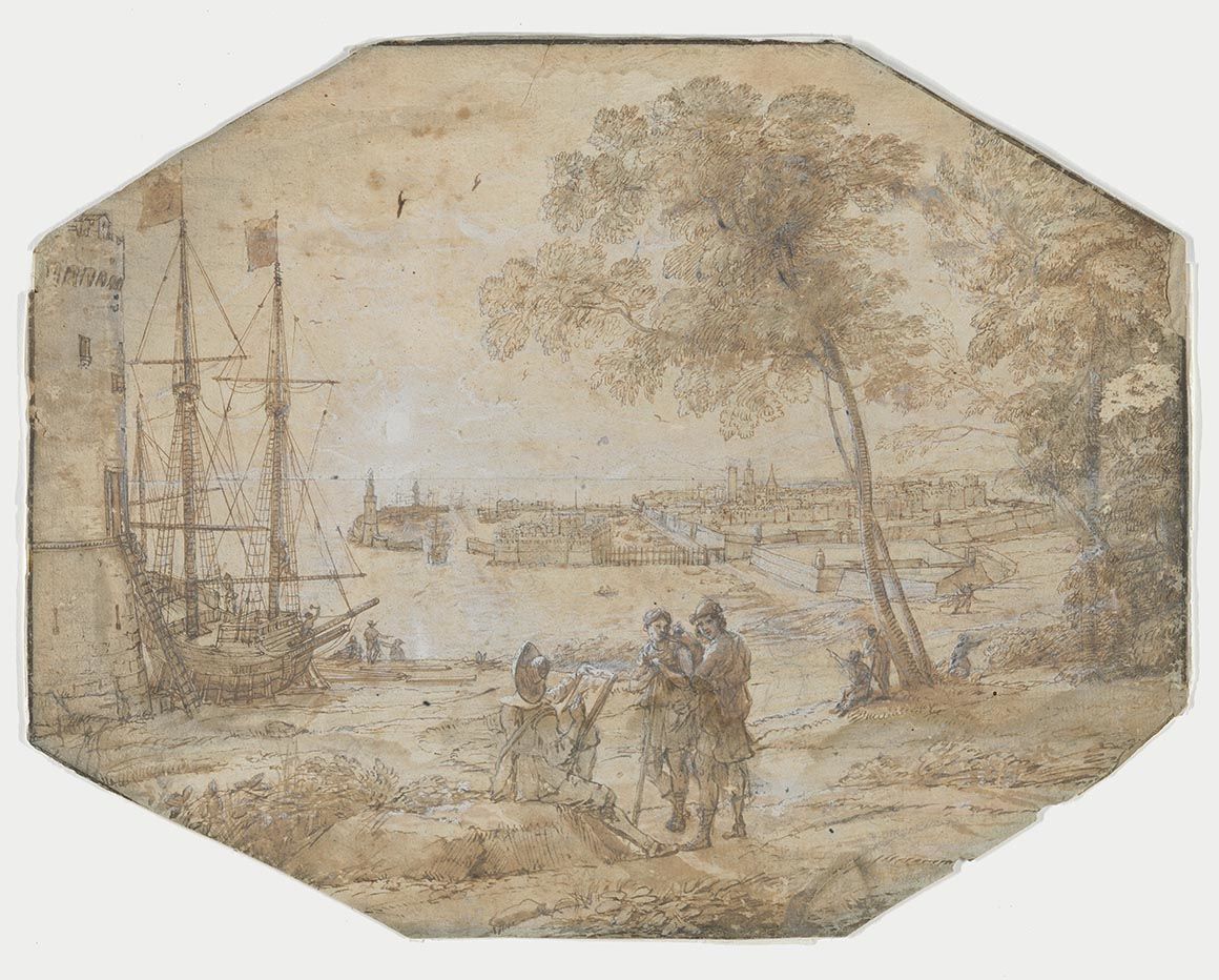 A black chalk, pen and ink, brush and wash with white heightening drawing by Claude Lorrain depicting a coastal scene with a ship on the left and a group of figures in the center.