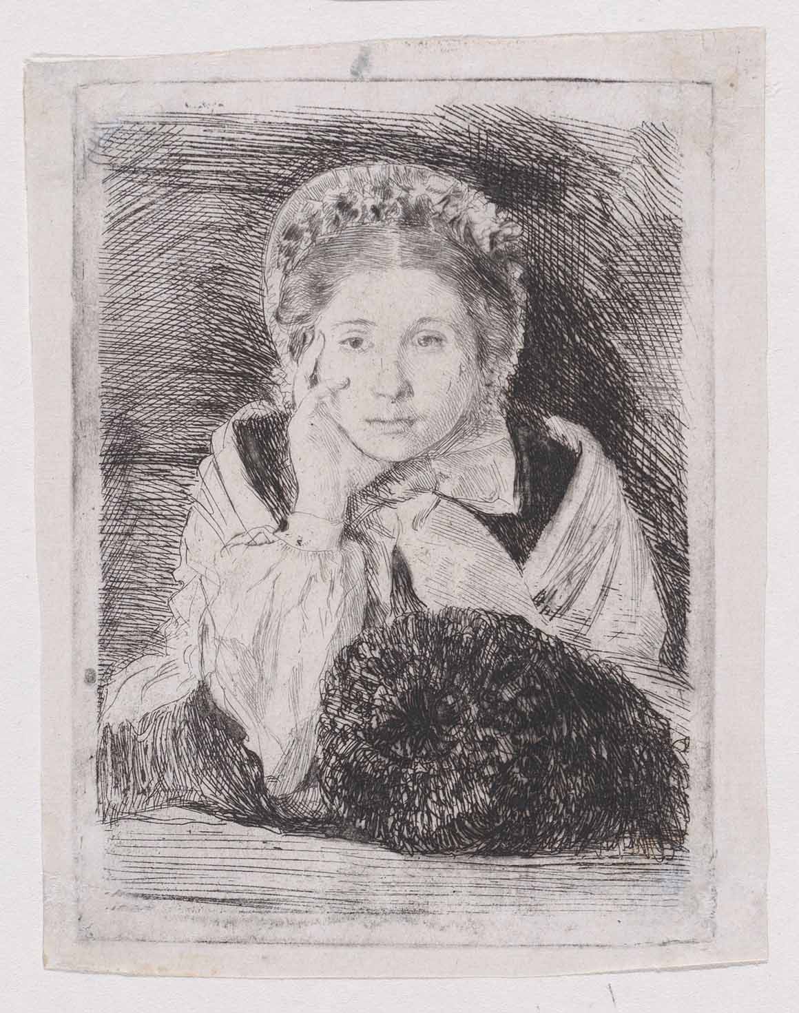 An etching and drypoint by Edgar Degas of Marguerite De Gas facing forward with her chin resting in her hand.