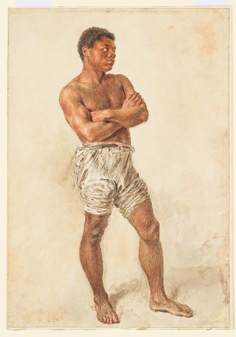 A watercolor over graphite study of a standing young model with arms crossed looking to the right by William Henry Hunt.