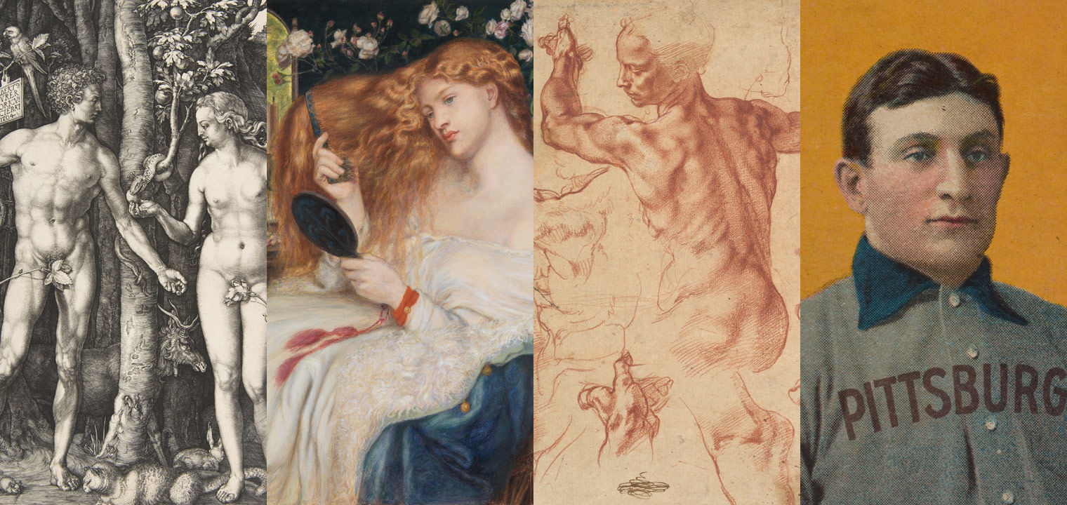 A composite image of works by Albrecht Durer, Michelangelo, Dante Gabriel Rossetti, and the Honus Wagner baseball card