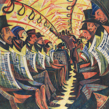 A colorful lithograph of commuters on a crowded subway train in the early 20th century