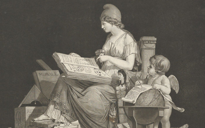 Detail view of a print artwork depicting a woman in Classical dress looking at a calendar