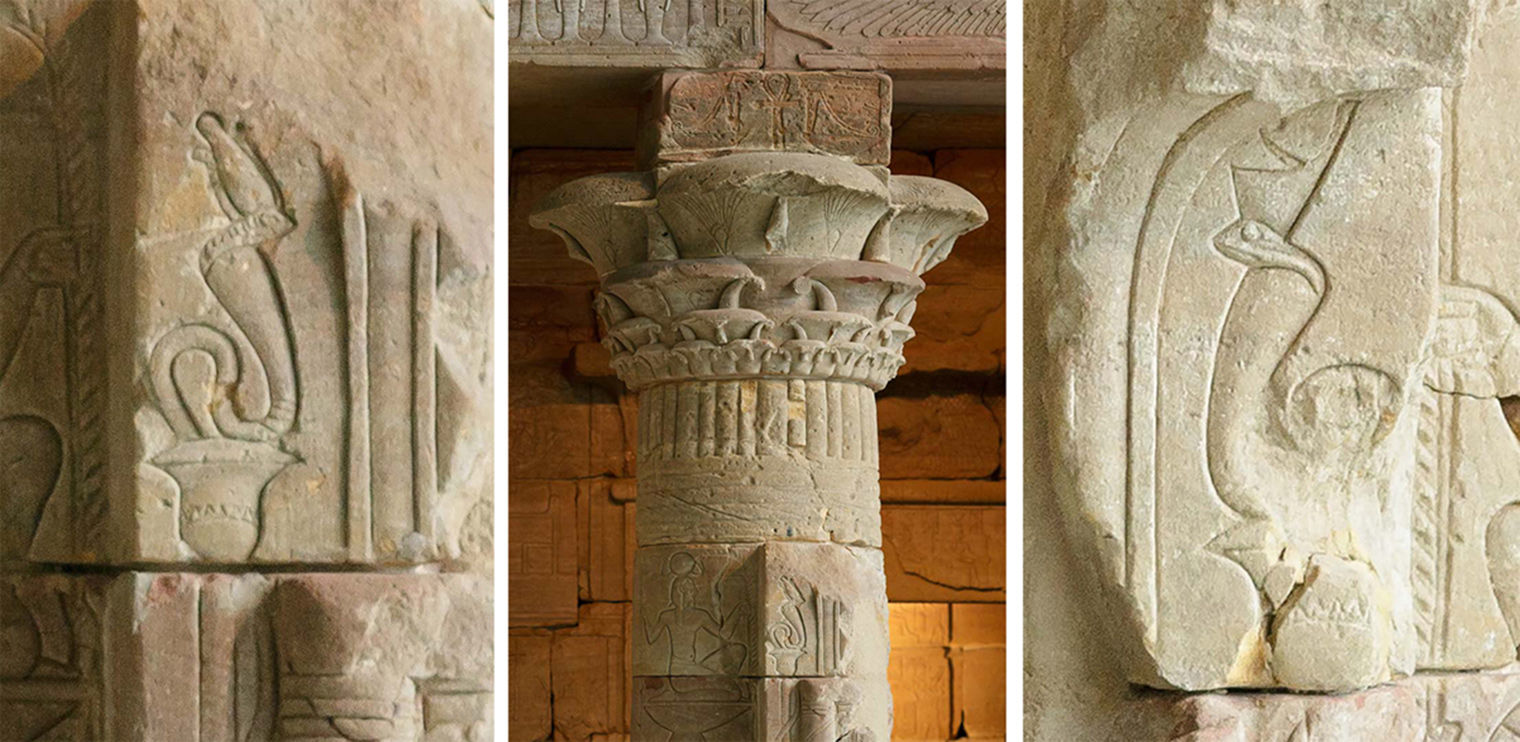 A composite of three images. On the Left: Cobra with Upper Egyptian crown, representing southern Egypt, on the south column. The center image is of the South column. On the right: Cobra with Lower Egyptian crown, representing the north part of Egypt, on the north column