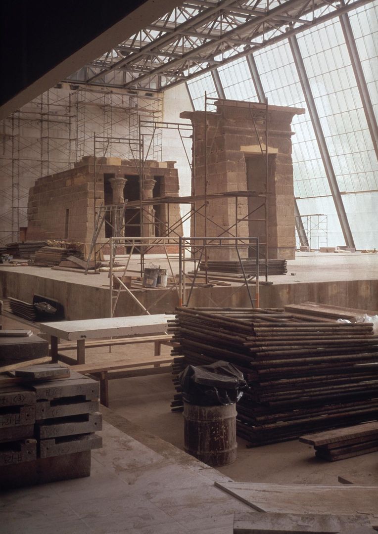 Archival photo of the Temple of Dendur being installed in the museum's galleries
