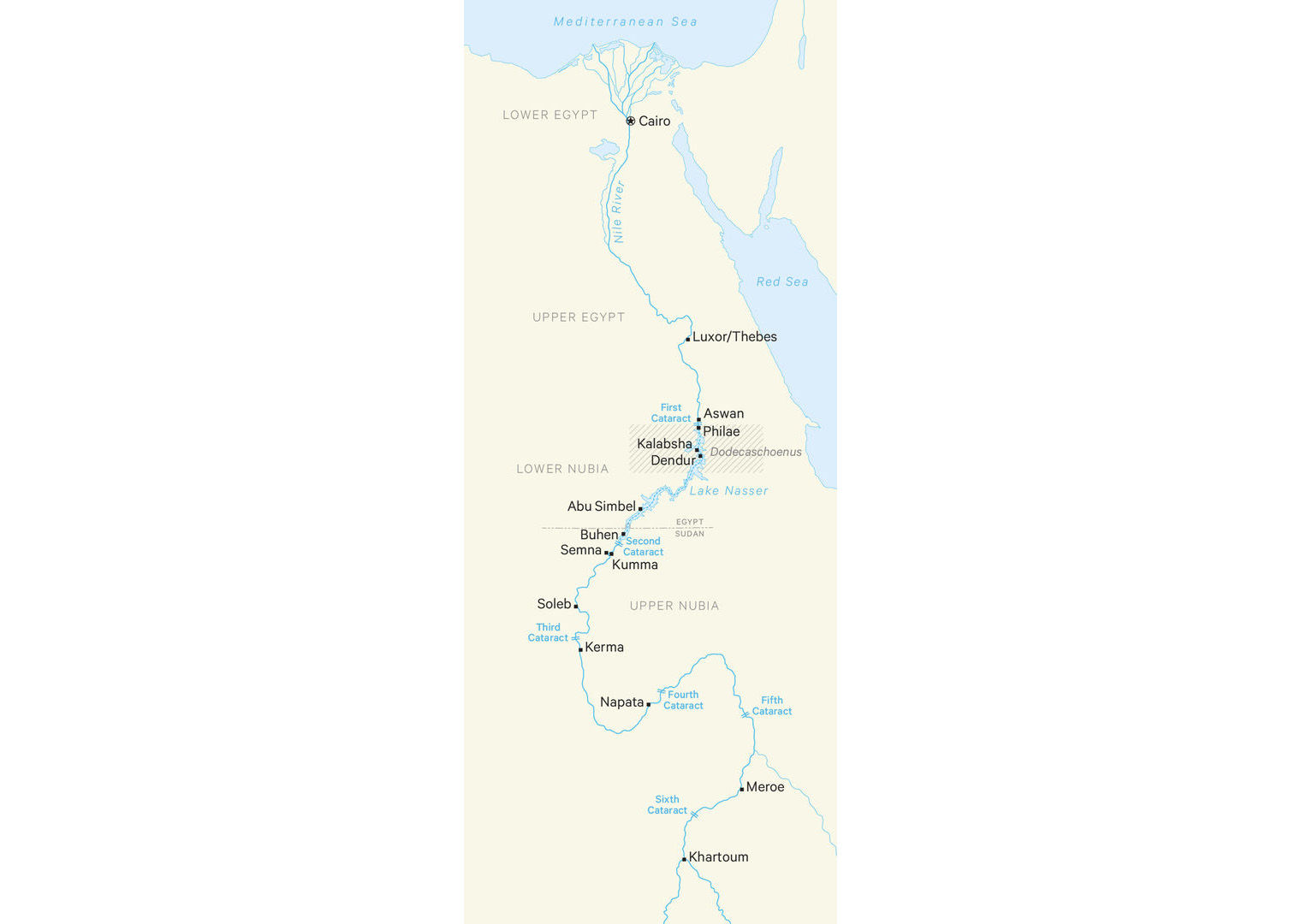 Map of Egypt and Nubia, with the Mediterranean Sea at the top and Khartoum at the bottom. The Red Sea is to the left and a number of cities and sites are marked along the Nile.