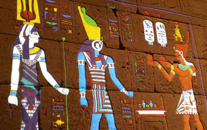 View of one side of The Temple of Dendur, illuminated in color via digital projection