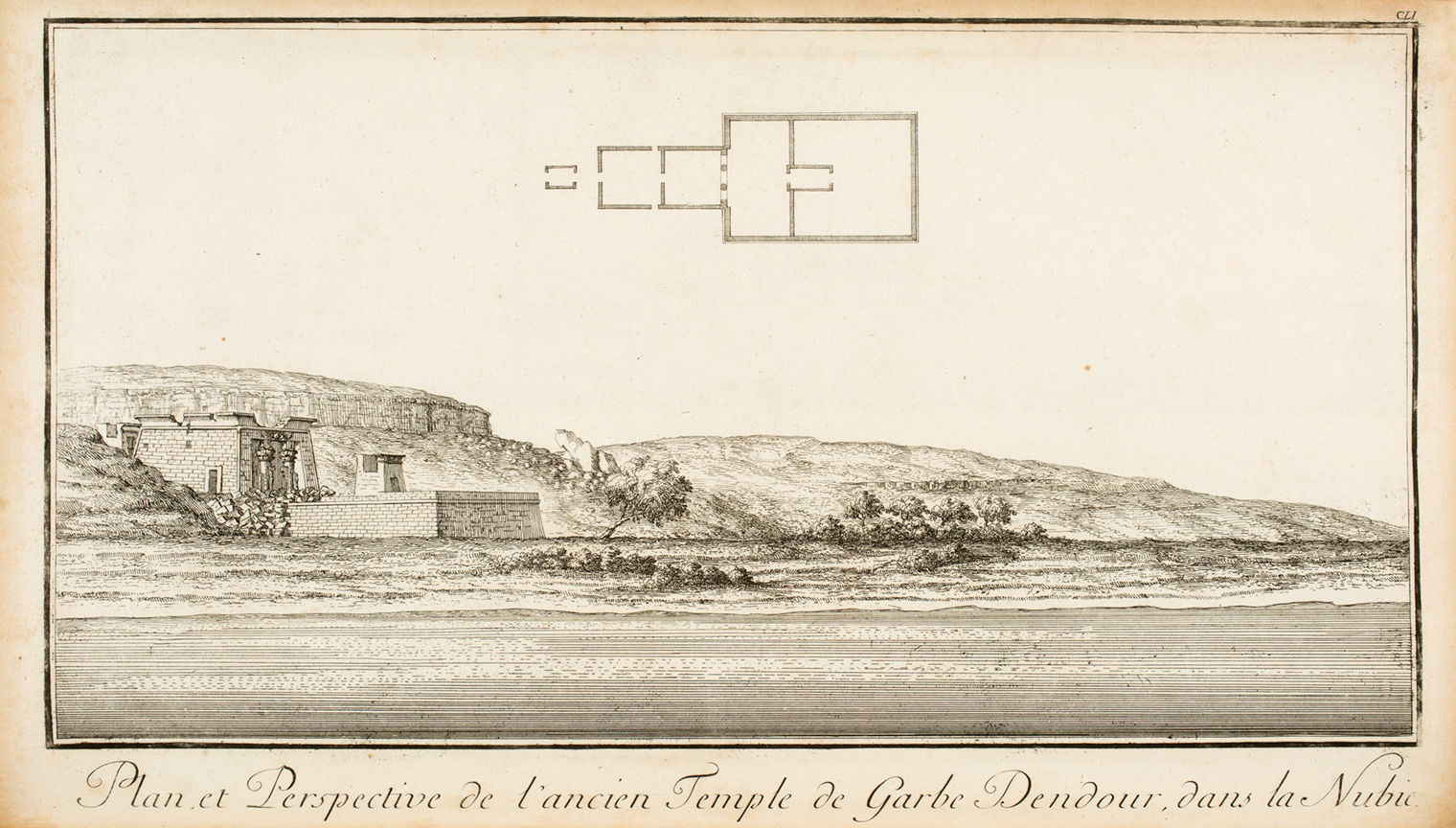 A illustration of the plan and perspective of the ancient temple of West Dendur in Nubia.
