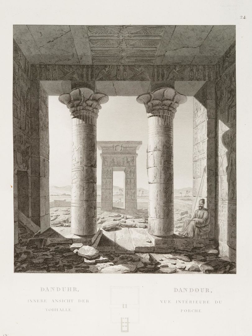 An illustration of the interior view of the Temple of Dendur's porch. Illustration features two columns with a man sitting on the right.