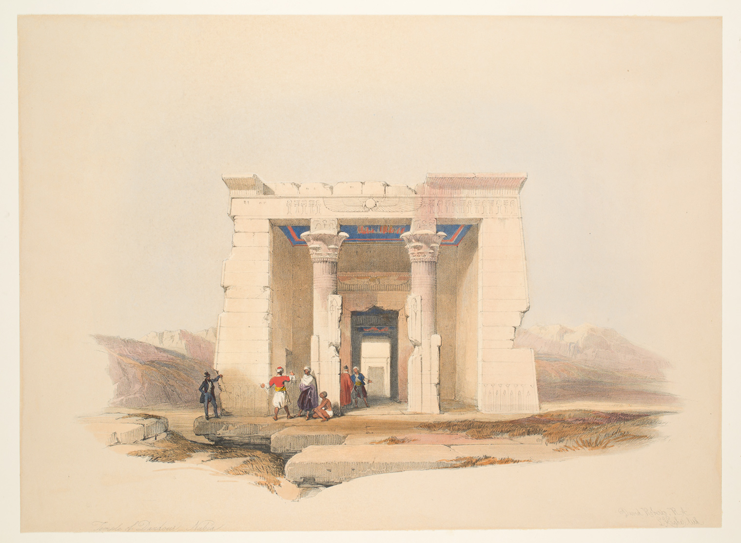 A watercolor painting depicting men outside the Temple of Dendur.