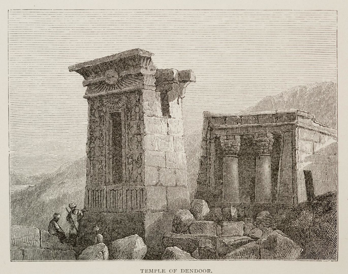A wood engraving of the exterior of the Temple of Dendur.