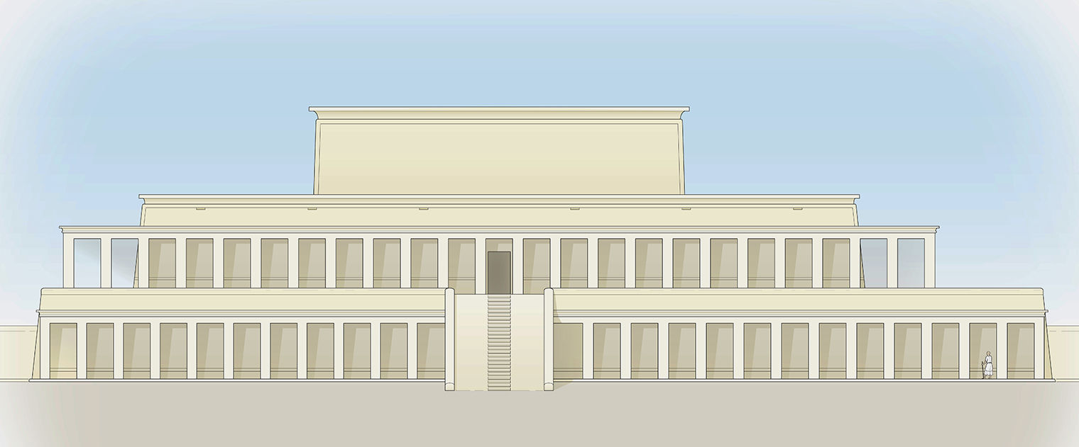 Drawing of a temple with three terraces, with a ramp leading from the ground to the second level. The facade is divided by pilasters.