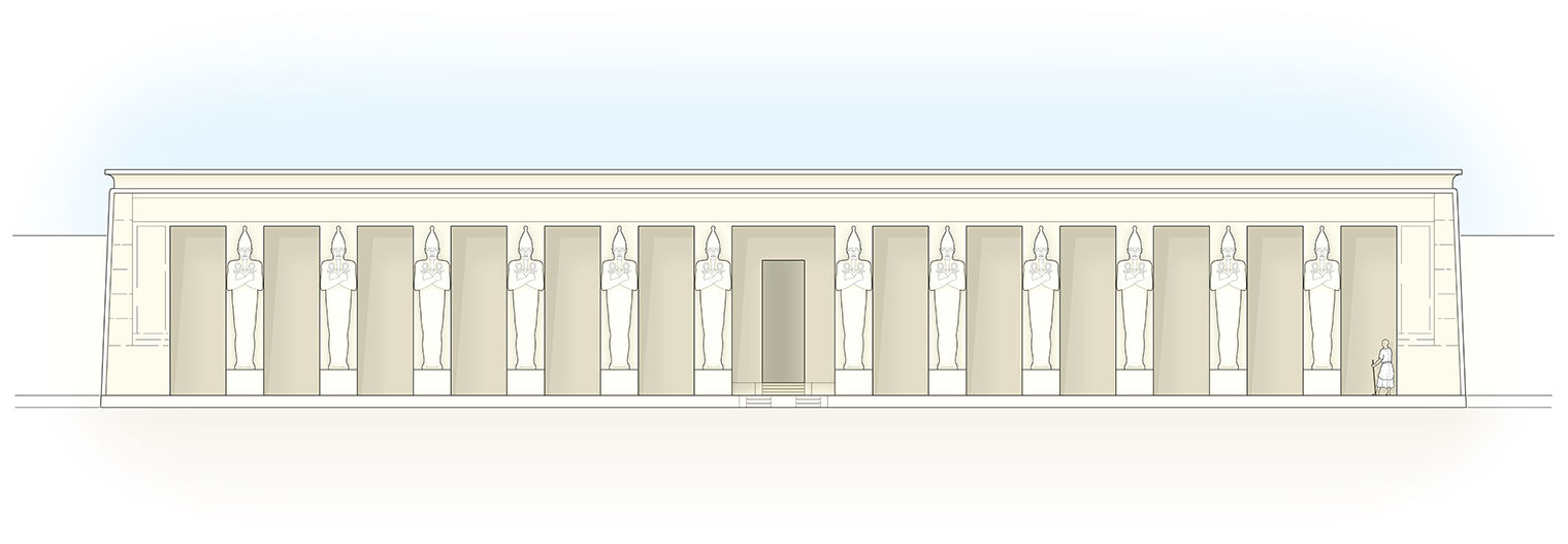 Drawing of a low rectangular temple facade with an entrance in the center and pilasters along the front. A mummiform statue in a tall crown stands in front of each pilaster.