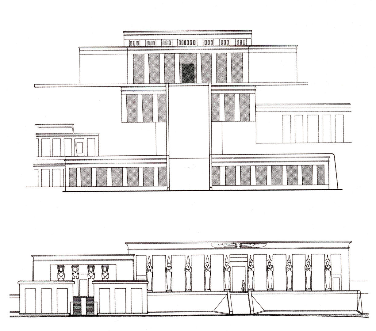 Black and white line drawing of two temple facades with pilasters and mummiform statues.