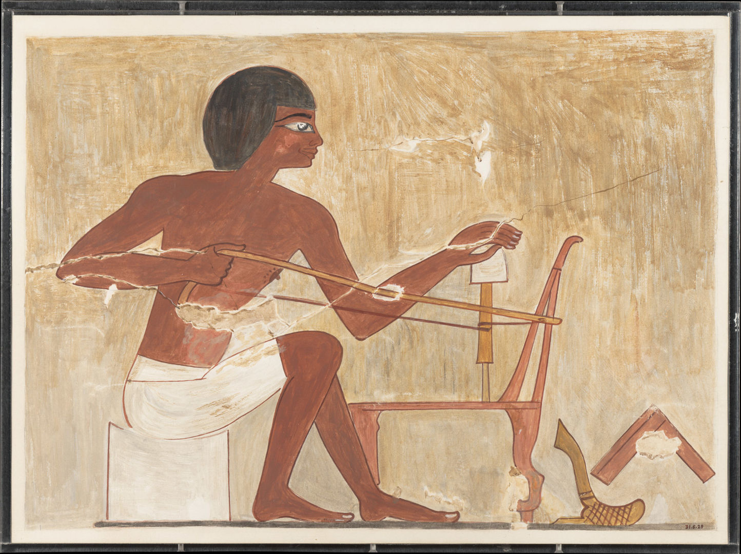 A painting of a man with dark red-brown skin seated on a low block. He uses a bow drill to work on a high-backed chair. Other carpentry tools are visible next to the chair.