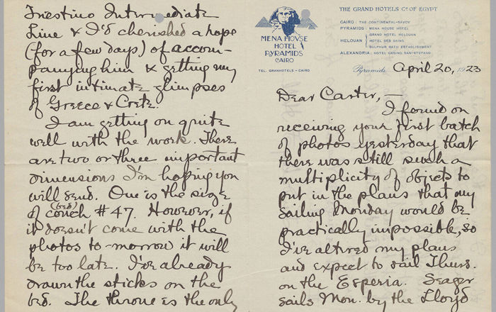 Handwritten letter from Lindsey Hall to Howard Carter, on Luxor Hotel stationery