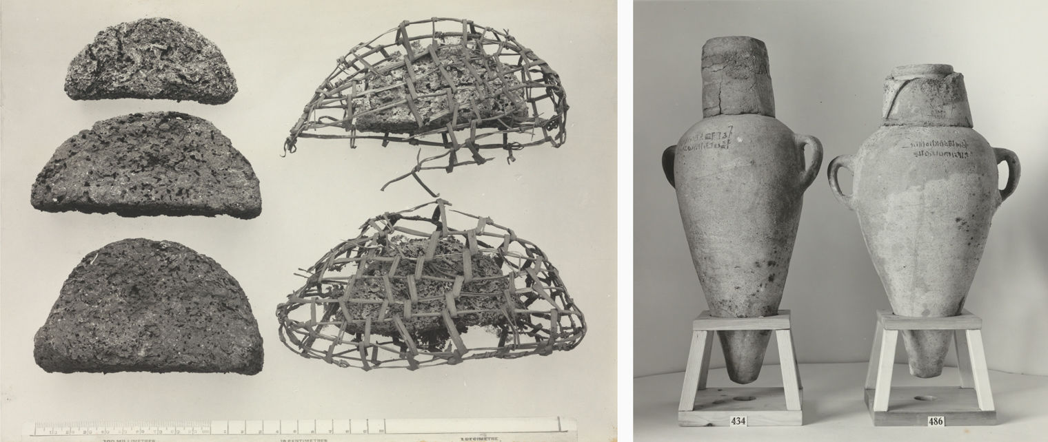 Two images: on the left, five half-moon shaped loaves of bread, two of which are wrapped in an open weave net or basket. On the right, two conical vessels for wine with looped handles. 