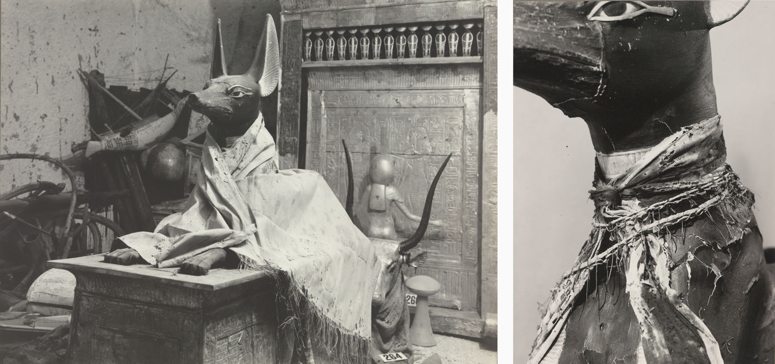 Two different views - three quarters and a detail of the garlands around the neck - of a painted wooden figure of a jackal recumbent on top of a shrine, wrapped in a linen shawl that goes around its neck and over its body. 