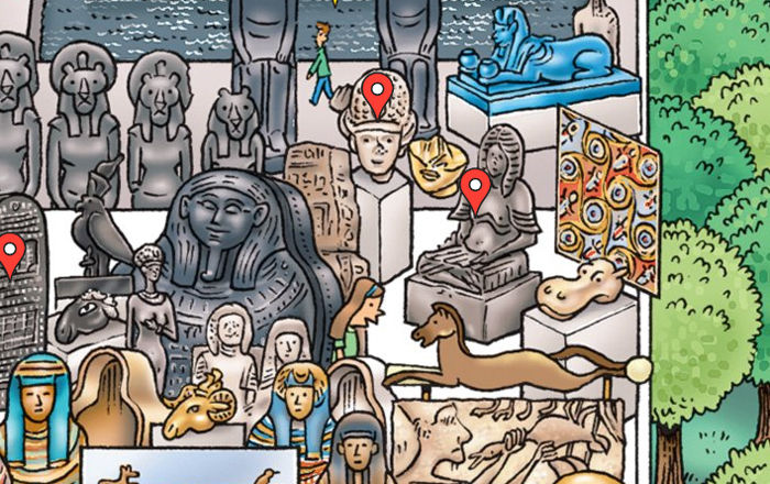 A portion of a cartoon map of the Metropolitan Museum of Art, with colored drawings of many objects. In the center is a head of Tutankhamun.