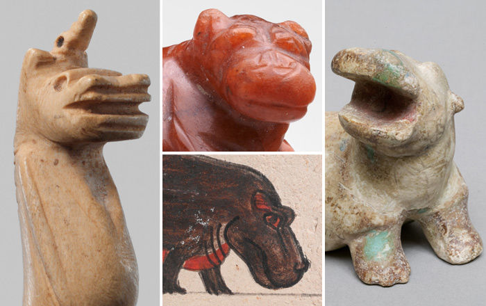 Four images showing details of four ancient Egyptian hippos