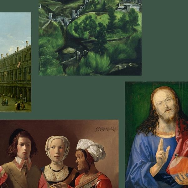 A mosaic of different works from The Met's European Paintings collection against a dark-green background