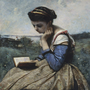 Detail view of a 19th-century painting of a woman reading