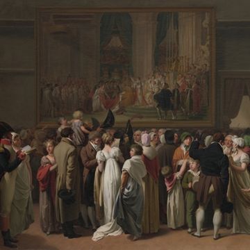 Detail view of a painting by Louis Léopold Boilly depicting a crowd of people looking at a painting by Jacques Louis David